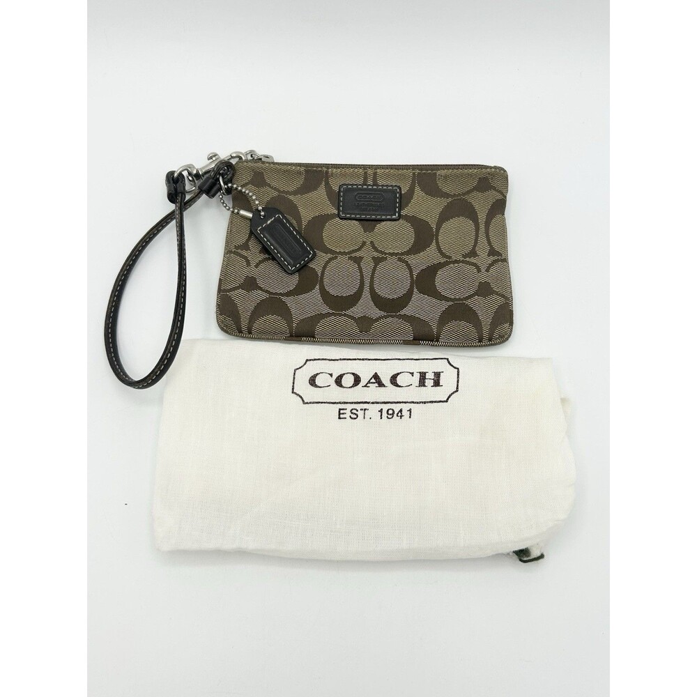 Coach Signature Wristlet Pouch Wallet Clutch With Original Dust Cover Brown 4x6